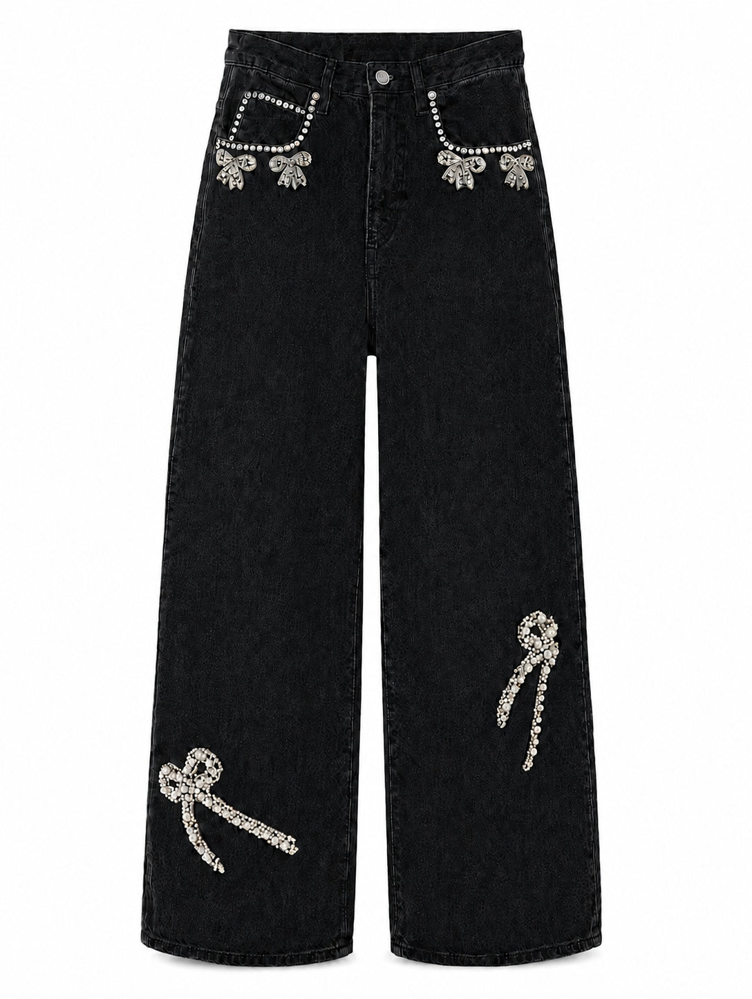 Jeweled washed-black jeans on pure white