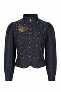 Ornate Navy Denim Jacket with Moth Brooch