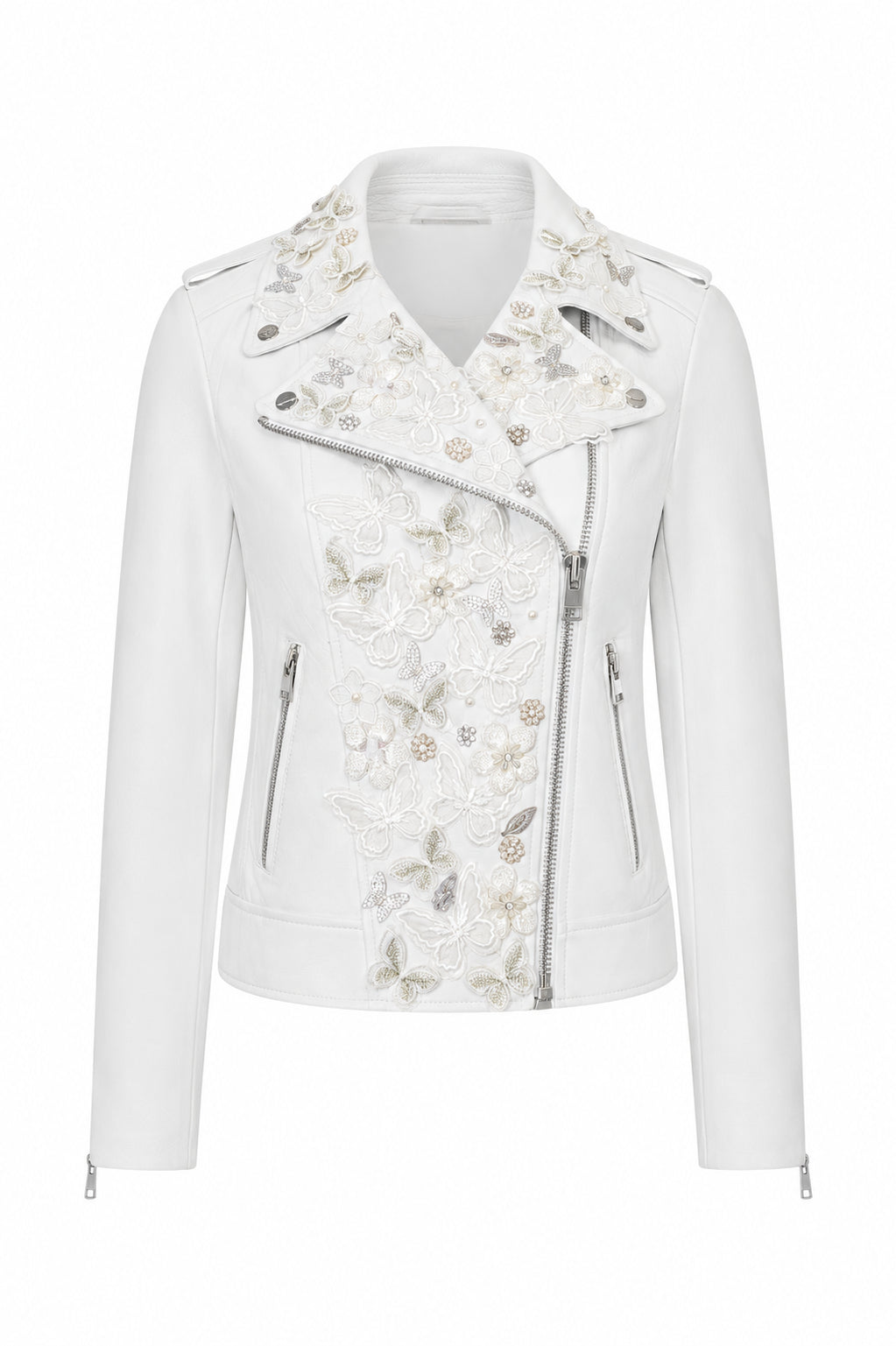 Embellished White Floral Moto Jacket