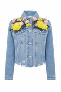 Embellished Blue Floral Denim Jacket
