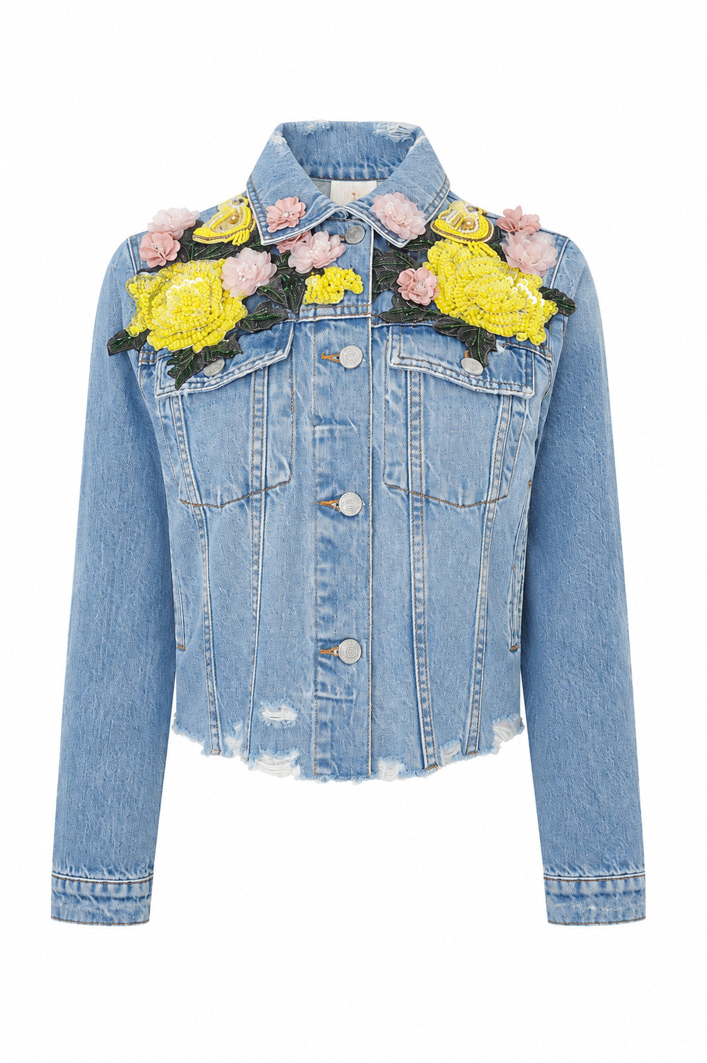 Embellished Blue Floral Denim Jacket