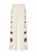 Cream Denim Embellished Flared Pants