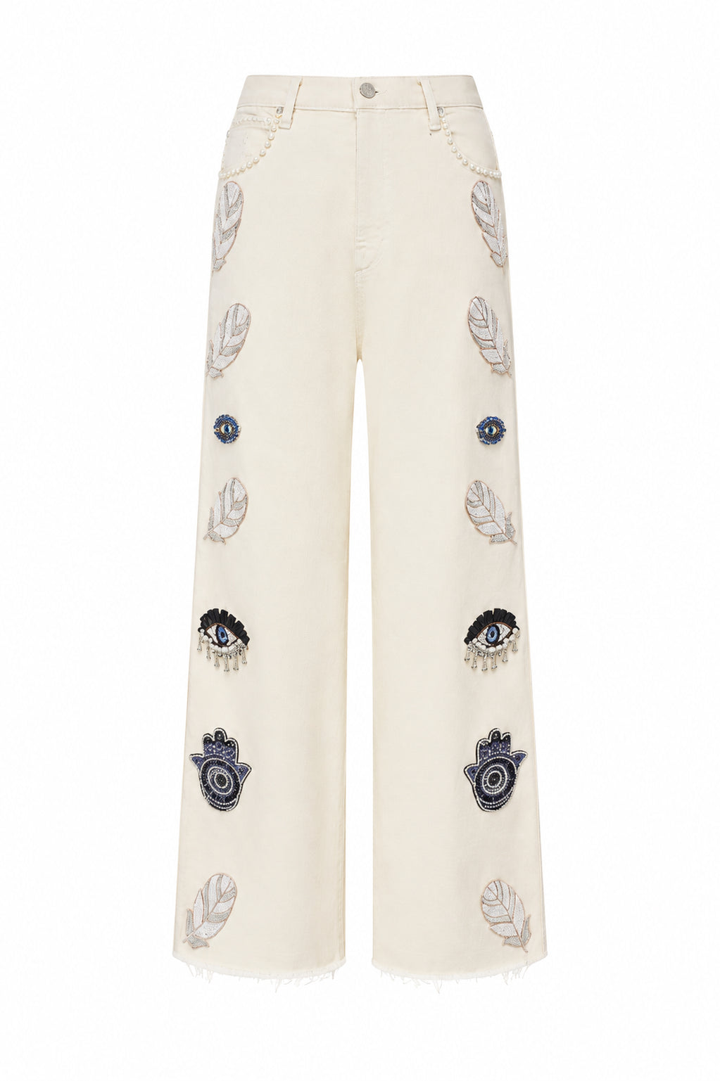 Cream Denim Embellished Flared Pants