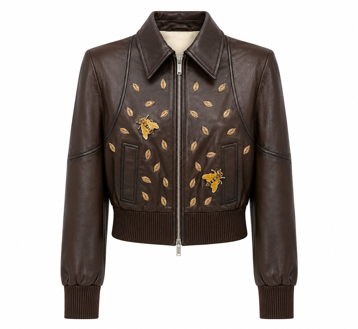 Embroidered Leather Bomber Jacket