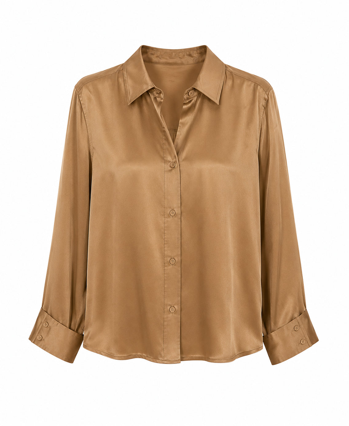 Camel Satin Button-Up Blouse