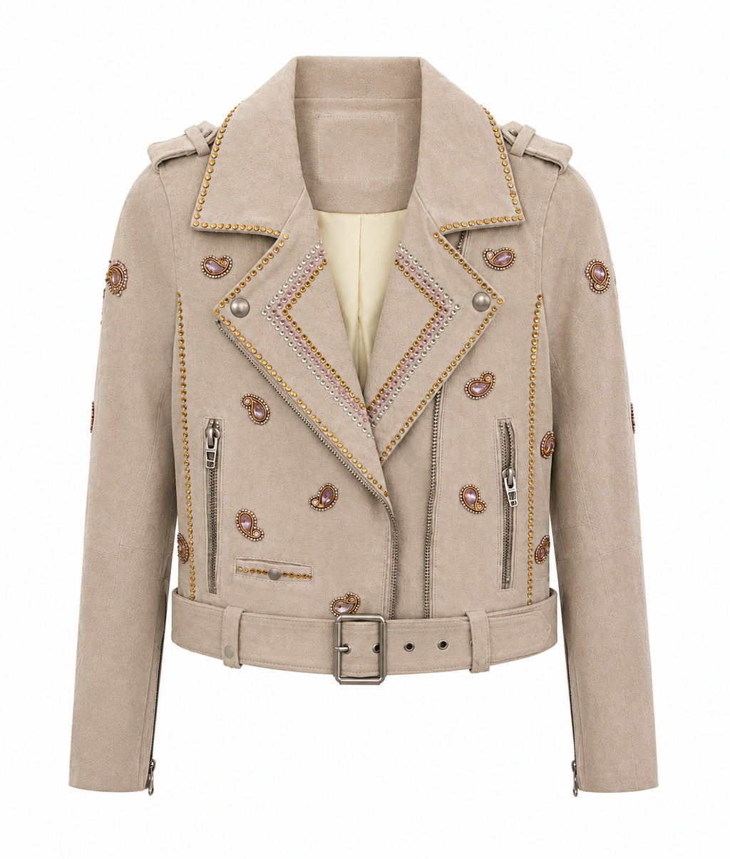 Embellished Taupe Suede Biker Jacket