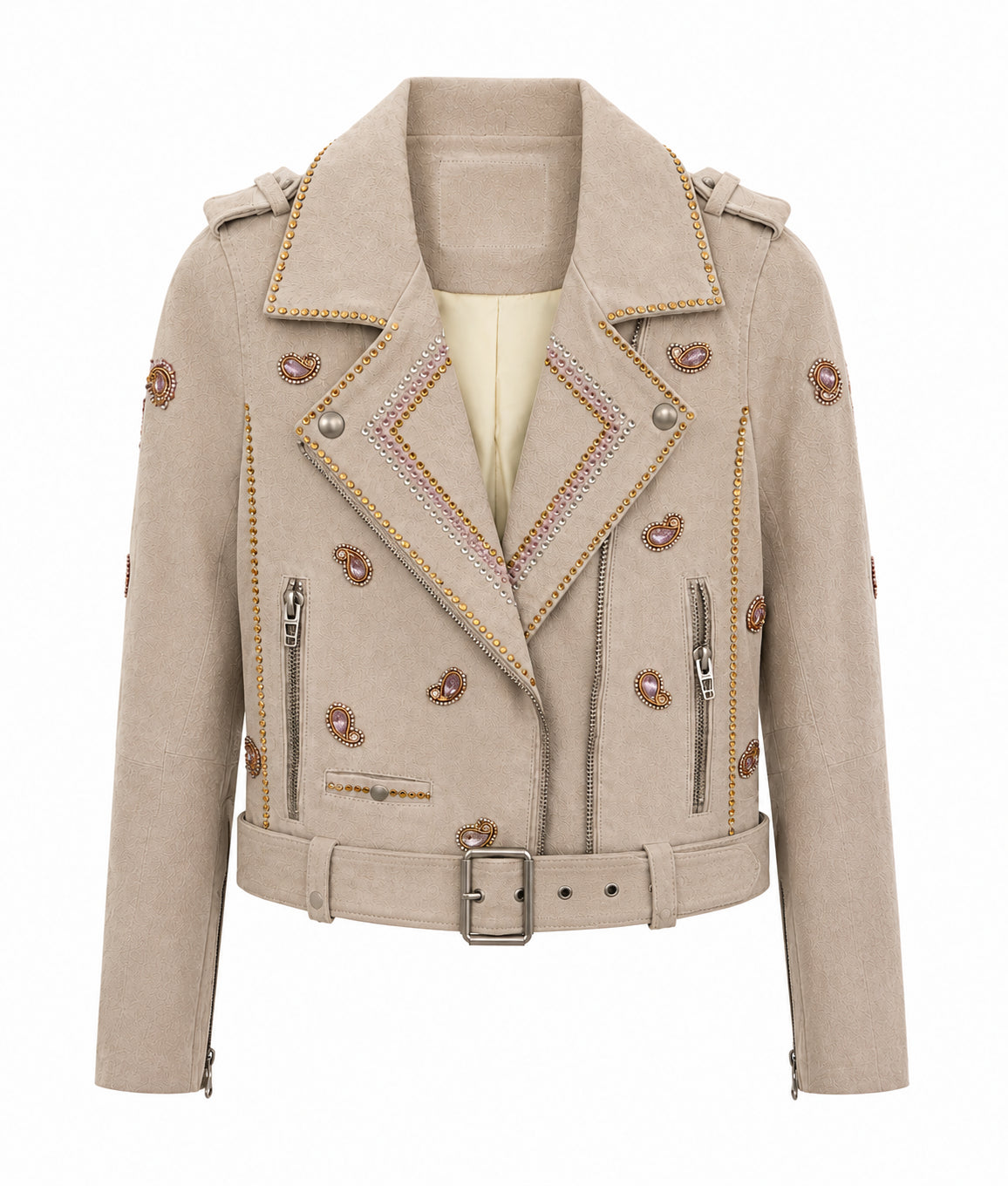 Embellished Taupe Suede Biker Jacket