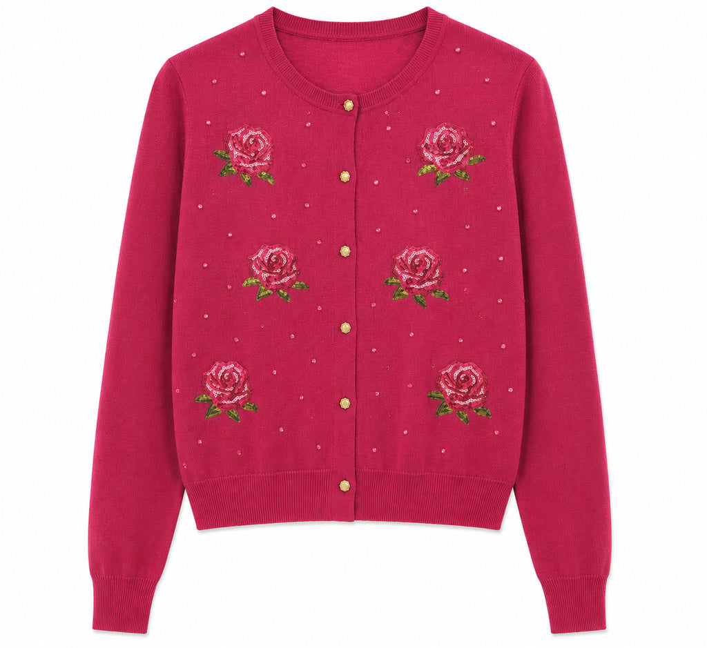 Cardigan With Embroidered Roses and Sequins