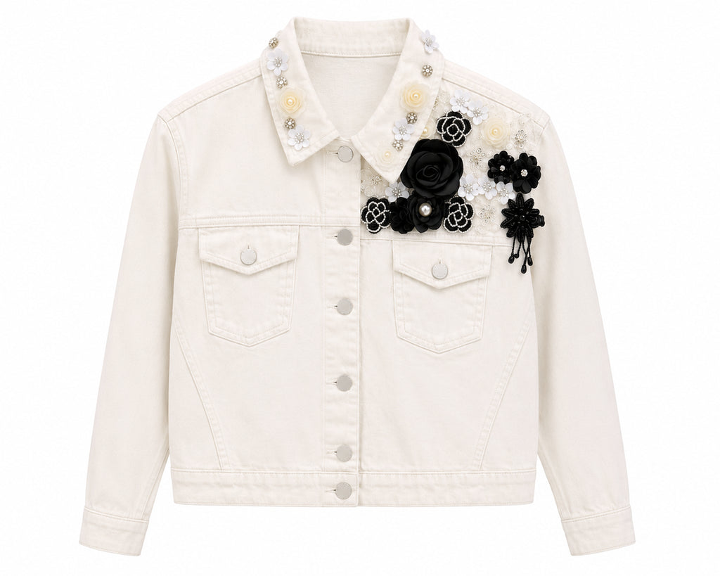 Floral Embellished Cream Denim Jacket