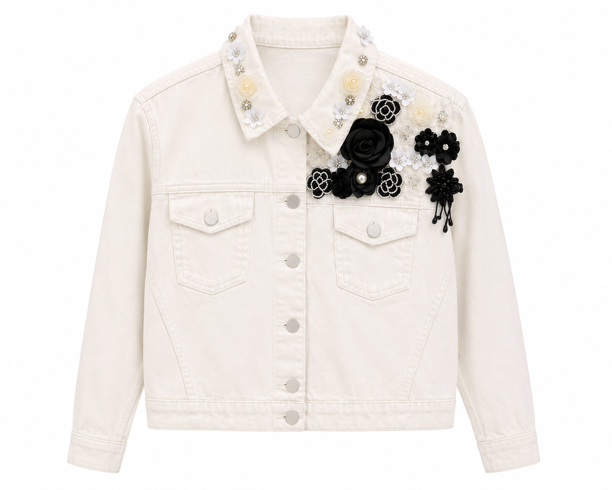Floral Embellished Cream Denim Jacket