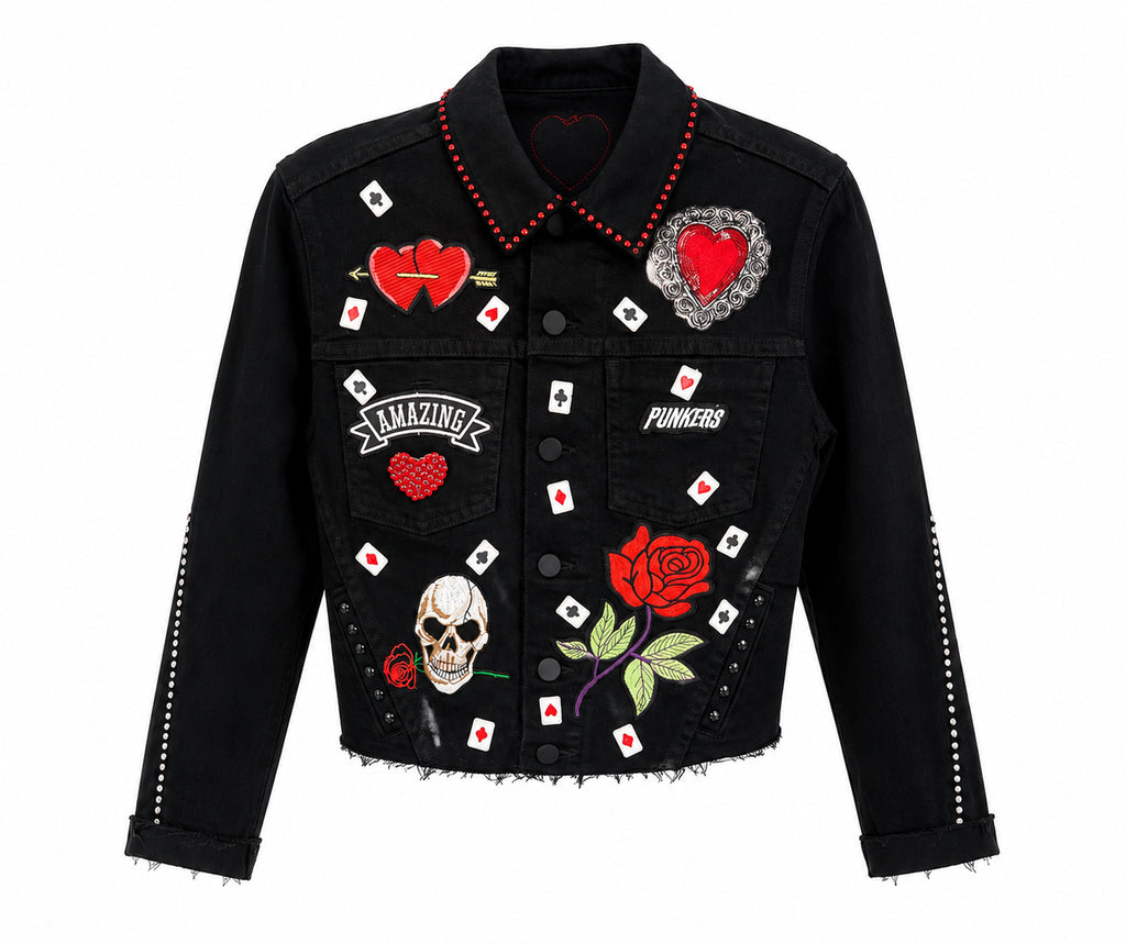 Black Denim Jacket With Embroidered Patches