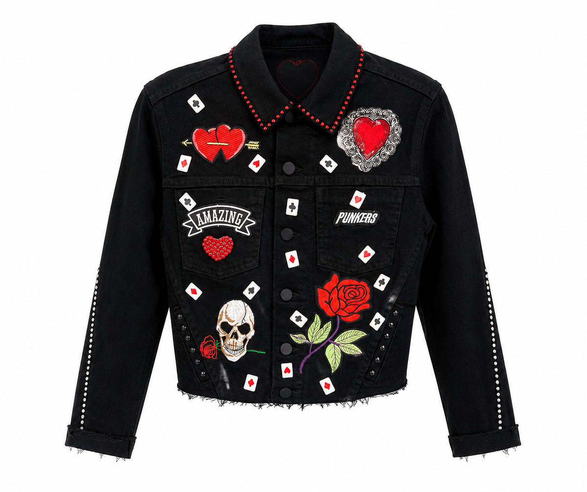 Black Denim Jacket With Embroidered Patches