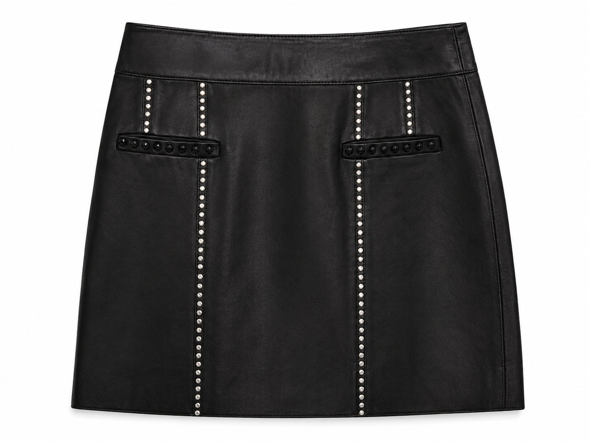 Black leather mini skirt with studs