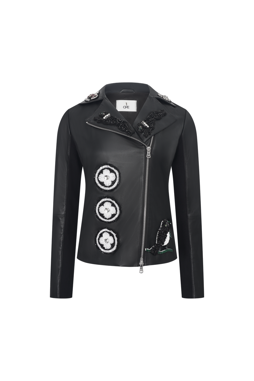 Leather Black Floral Embellished Jacket