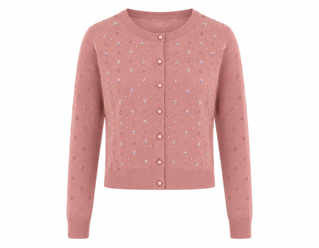A dusty rose pink knit cardigan sweater with button-front closure and delicate embroidered floral details, shown on a plain white background.