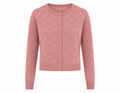 A dusty rose pink knit cardigan sweater with button-front closure and delicate embroidered floral details, shown on a plain white background.