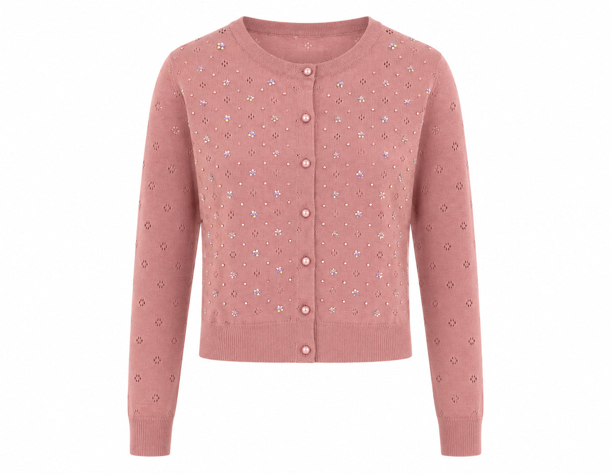 A dusty rose pink knit cardigan sweater with button-front closure and delicate embroidered floral details, shown on a plain white background.