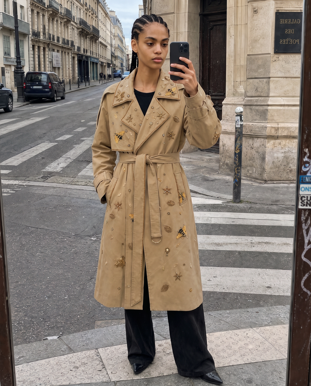 Embellished Beige Bee Trench Coat