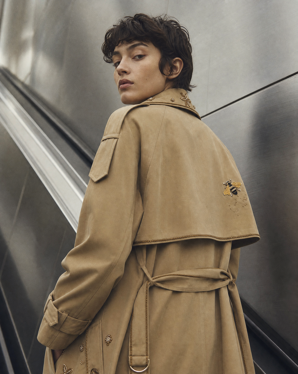Embellished Beige Bee Trench Coat