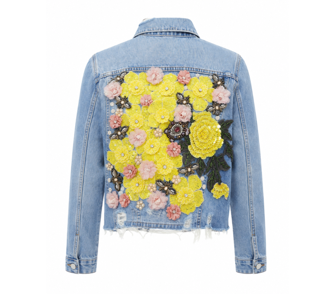 Embellished Blue Floral Denim Jacket