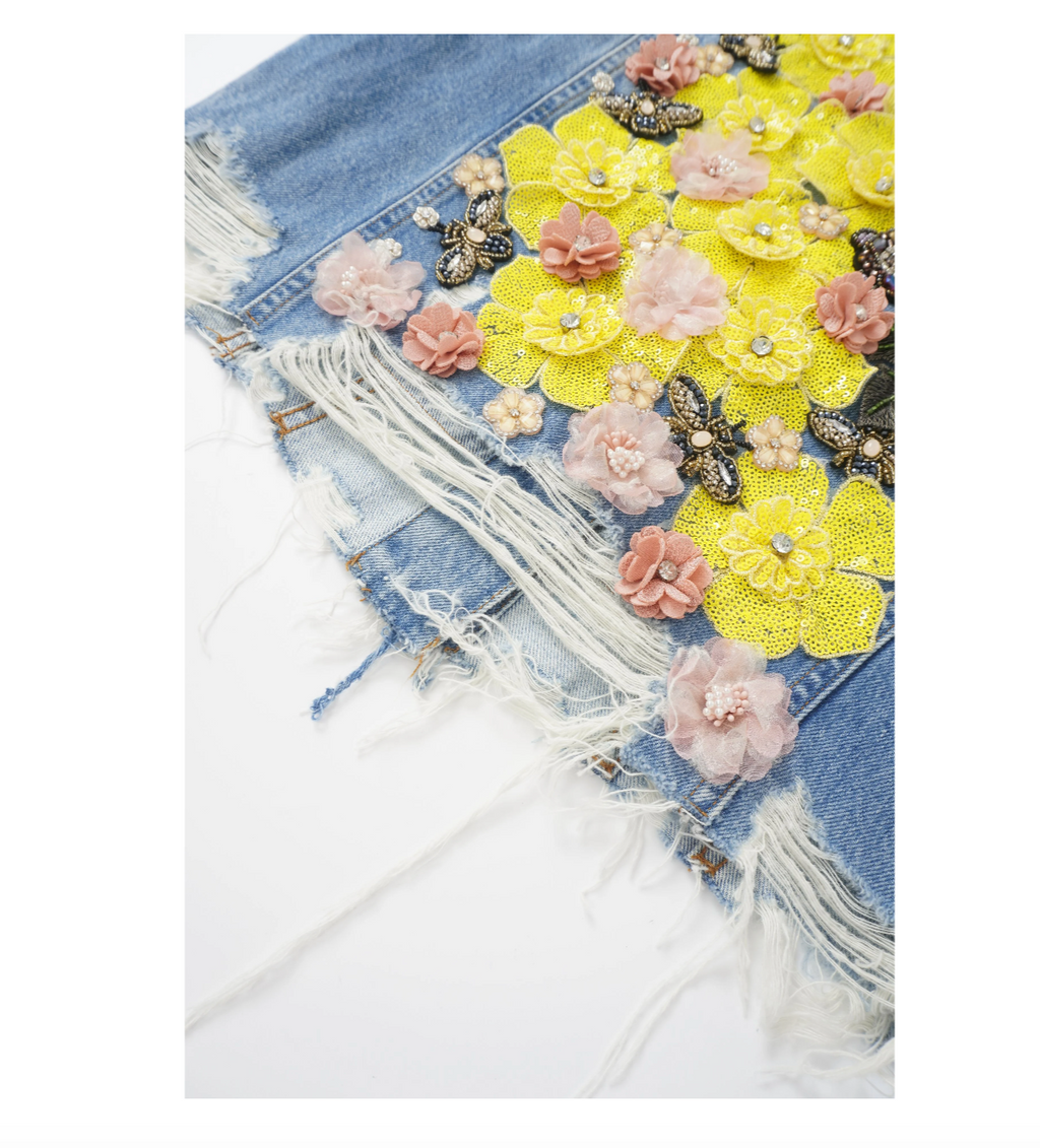 Embellished Blue Floral Denim Jacket