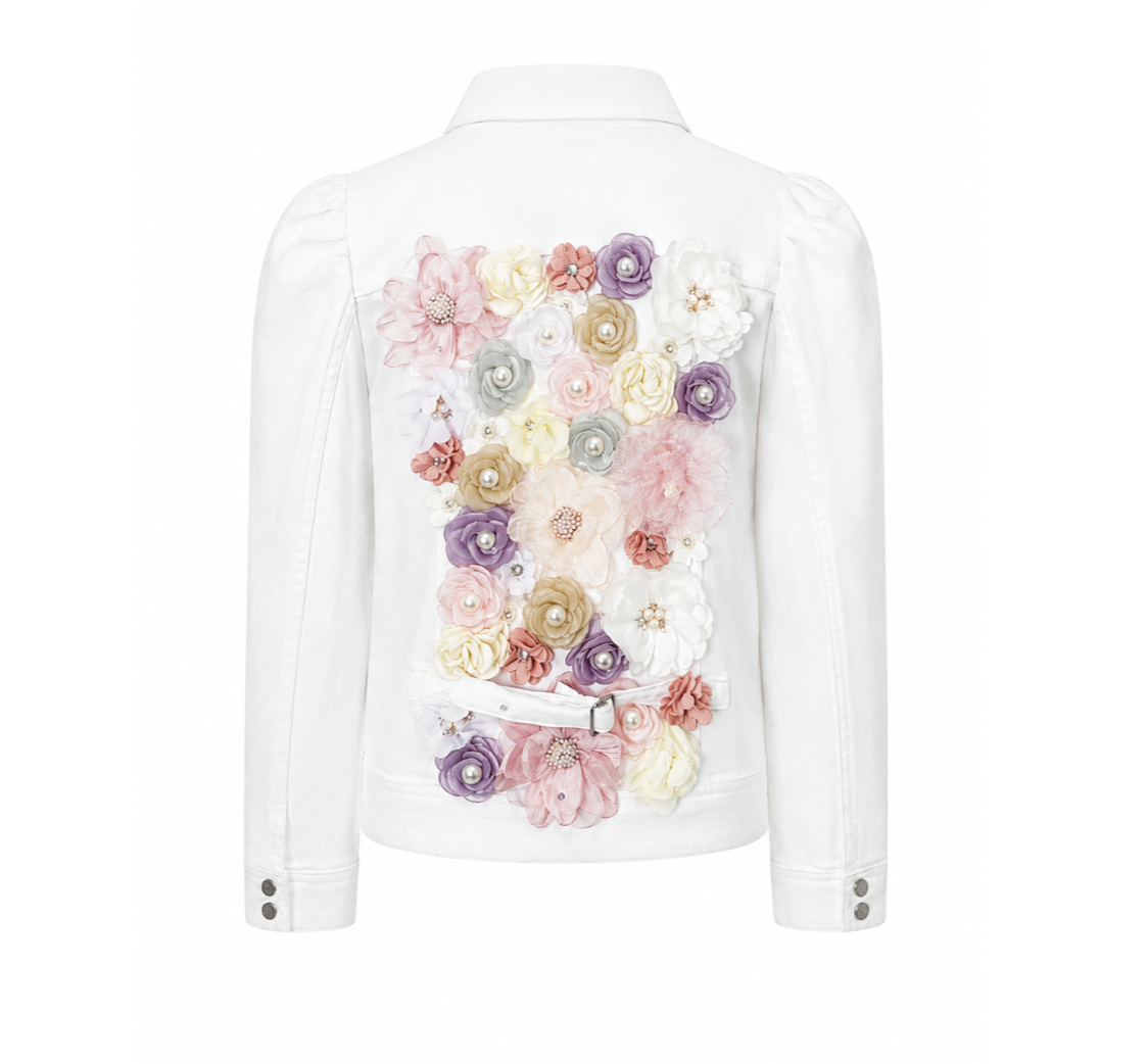 Pastel Floral Embellished White Denim Jacket