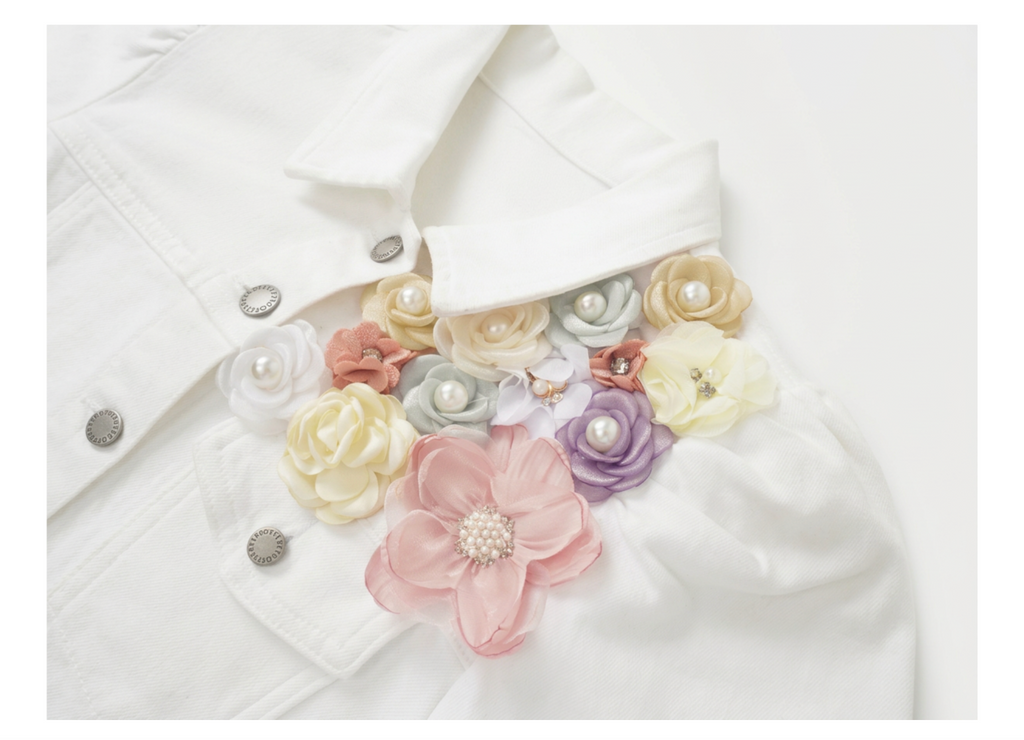 Pastel Floral Embellished White Denim Jacket