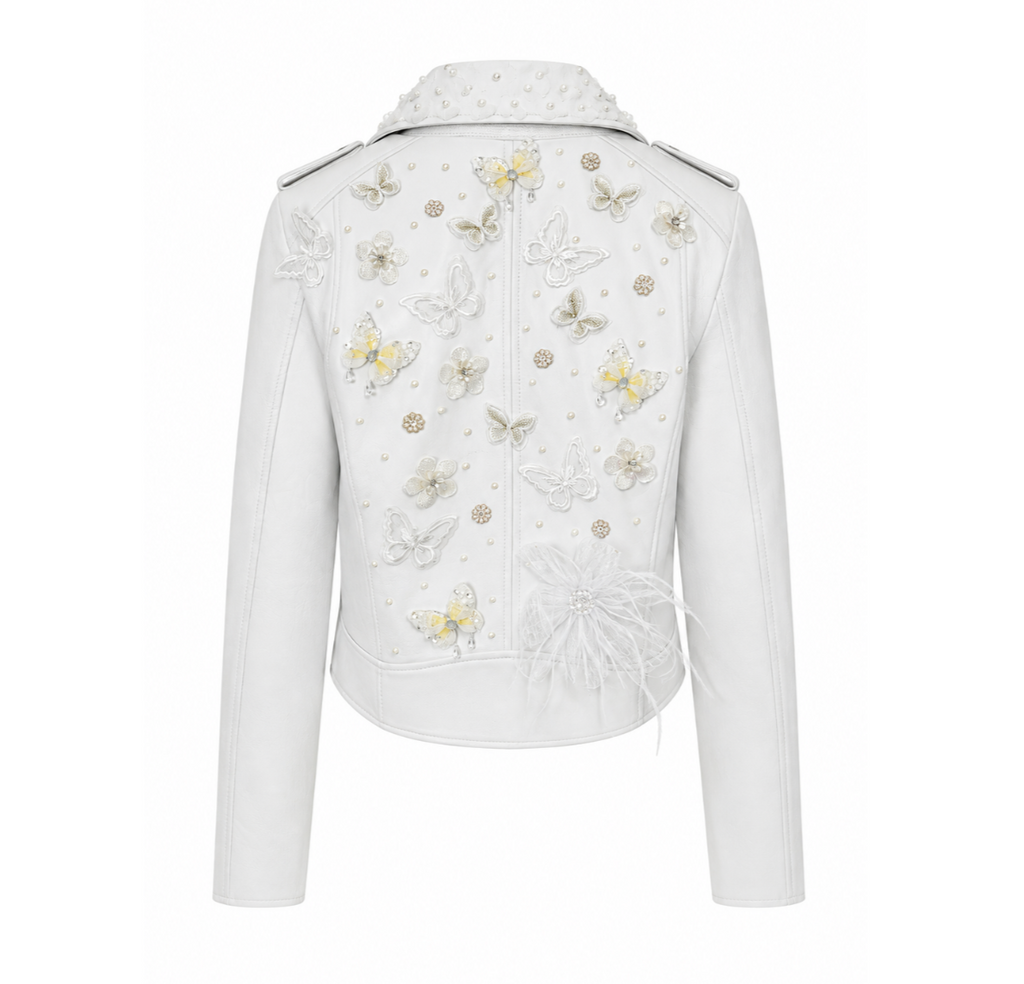 Embellished White Floral Moto Jacket