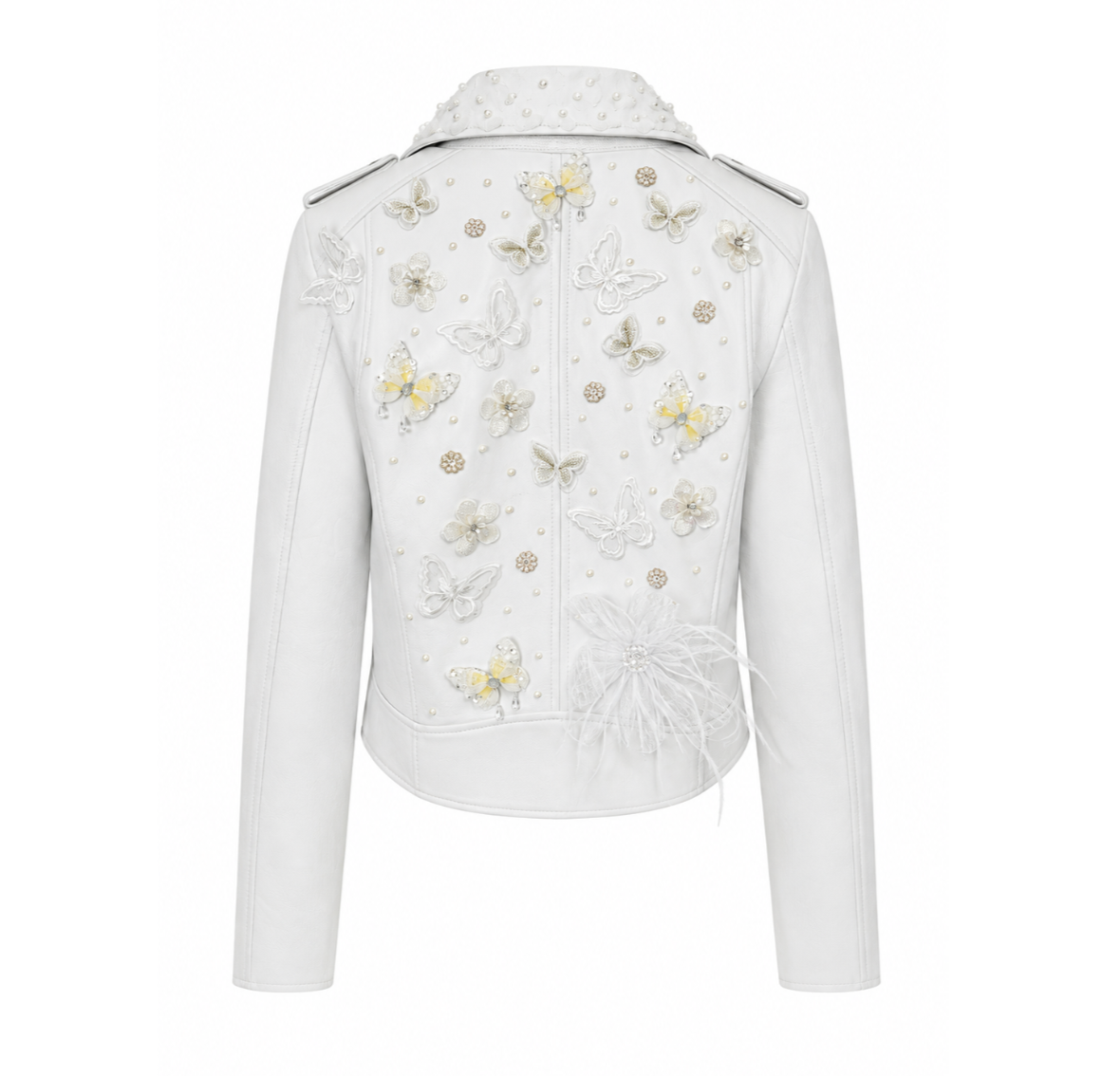 Embellished White Floral Moto Jacket