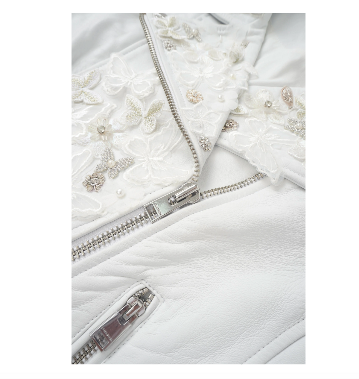 Embellished White Floral Moto Jacket