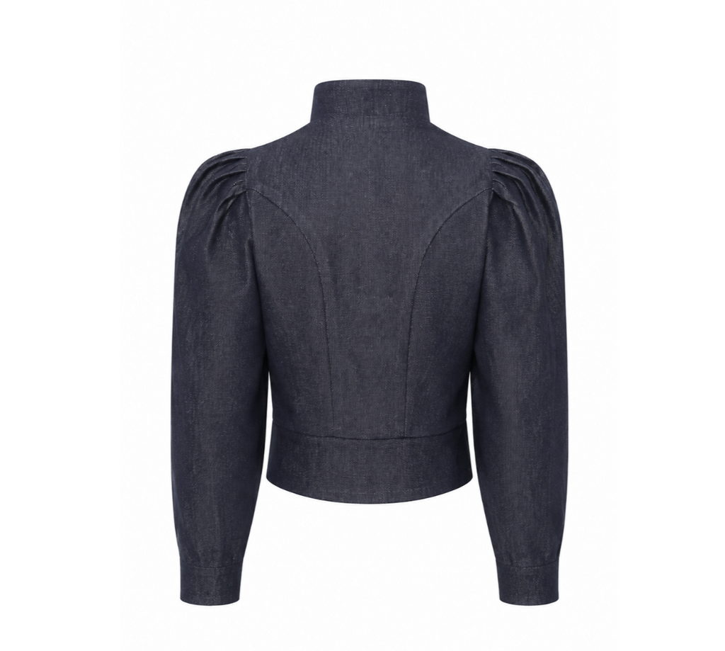 Ornate Navy Denim Jacket with Moth Brooch
