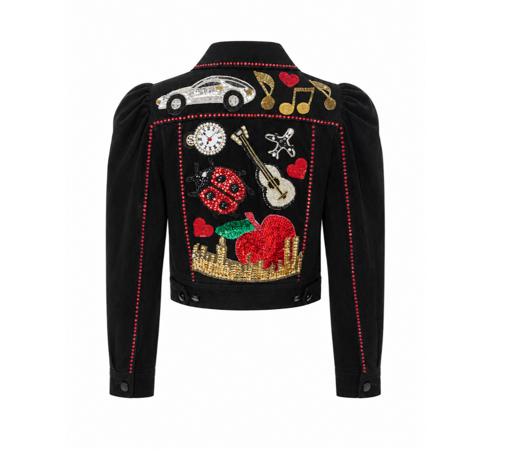 Black Velvet Jacket with Red Rhinestone Trim