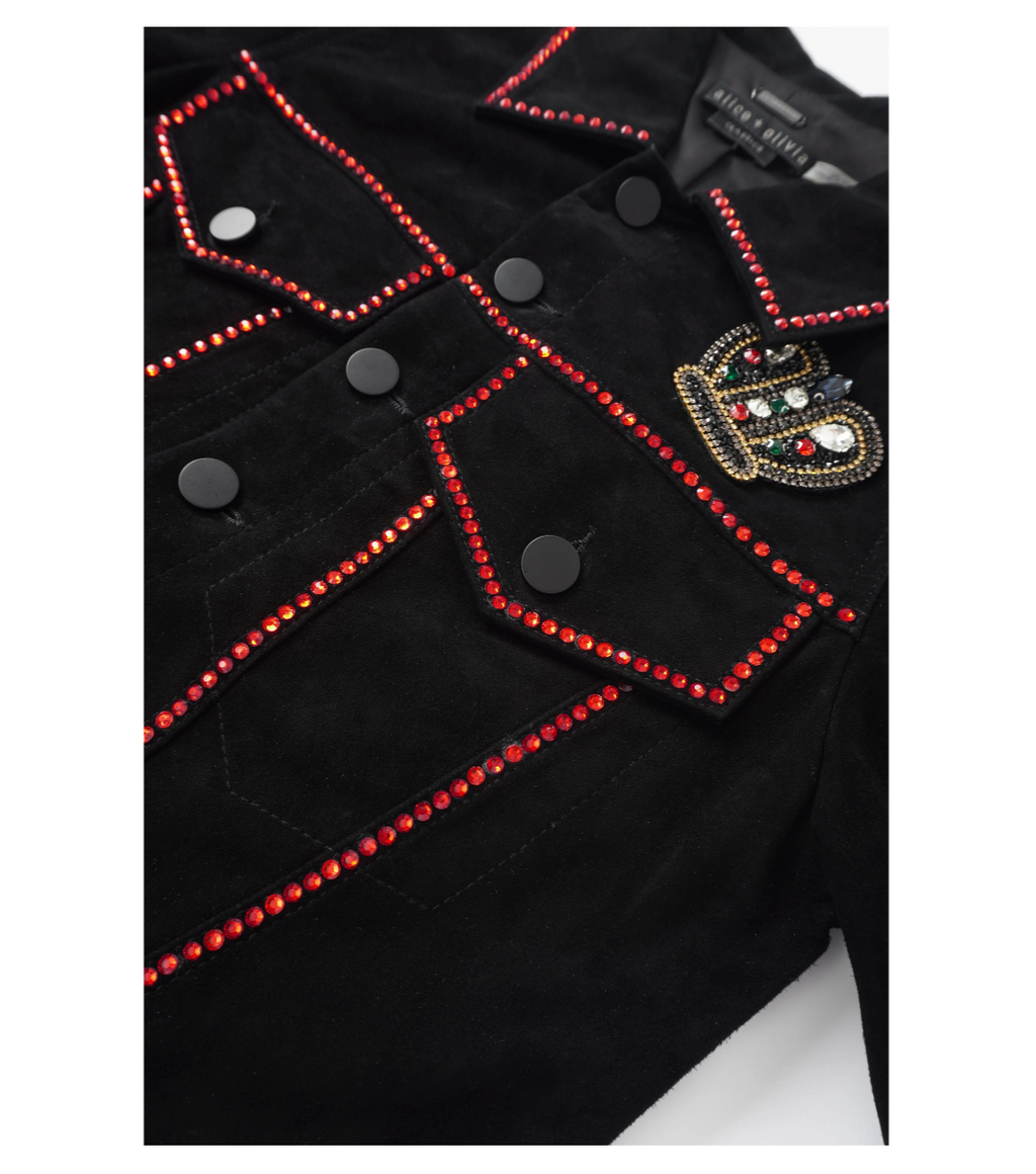 Black Velvet Jacket with Red Rhinestone Trim