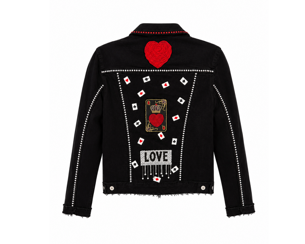 Black Denim Jacket With Embroidered Patches