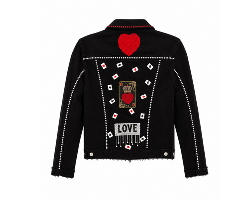 Black Denim Jacket With Embroidered Patches