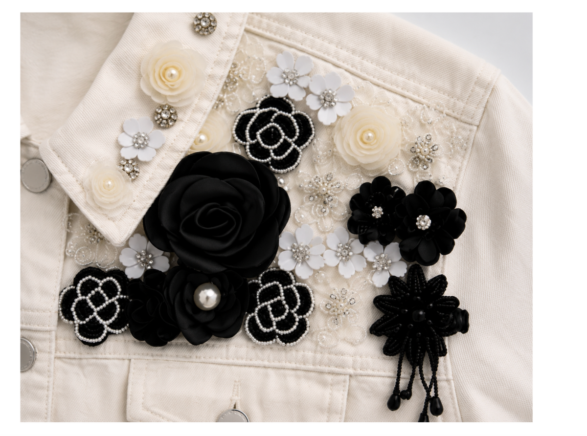 Floral Embellished Cream Denim Jacket