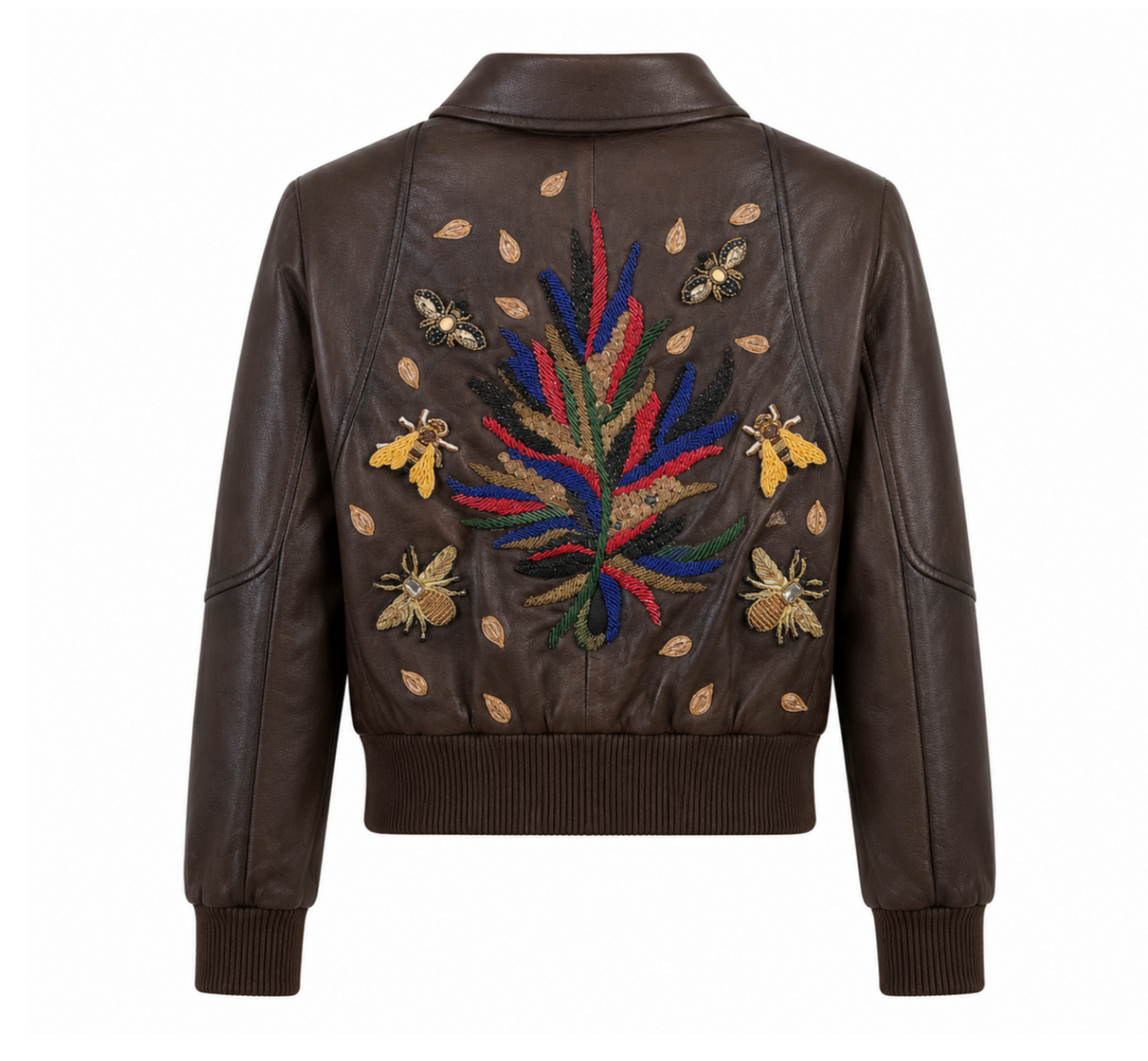 Embroidered Leather Bomber Jacket