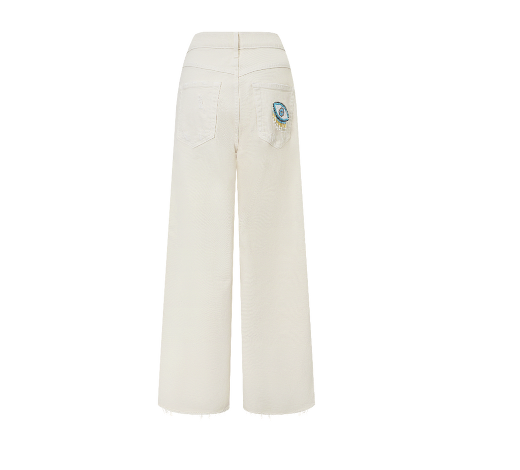 Cream Denim Embellished Flared Pants