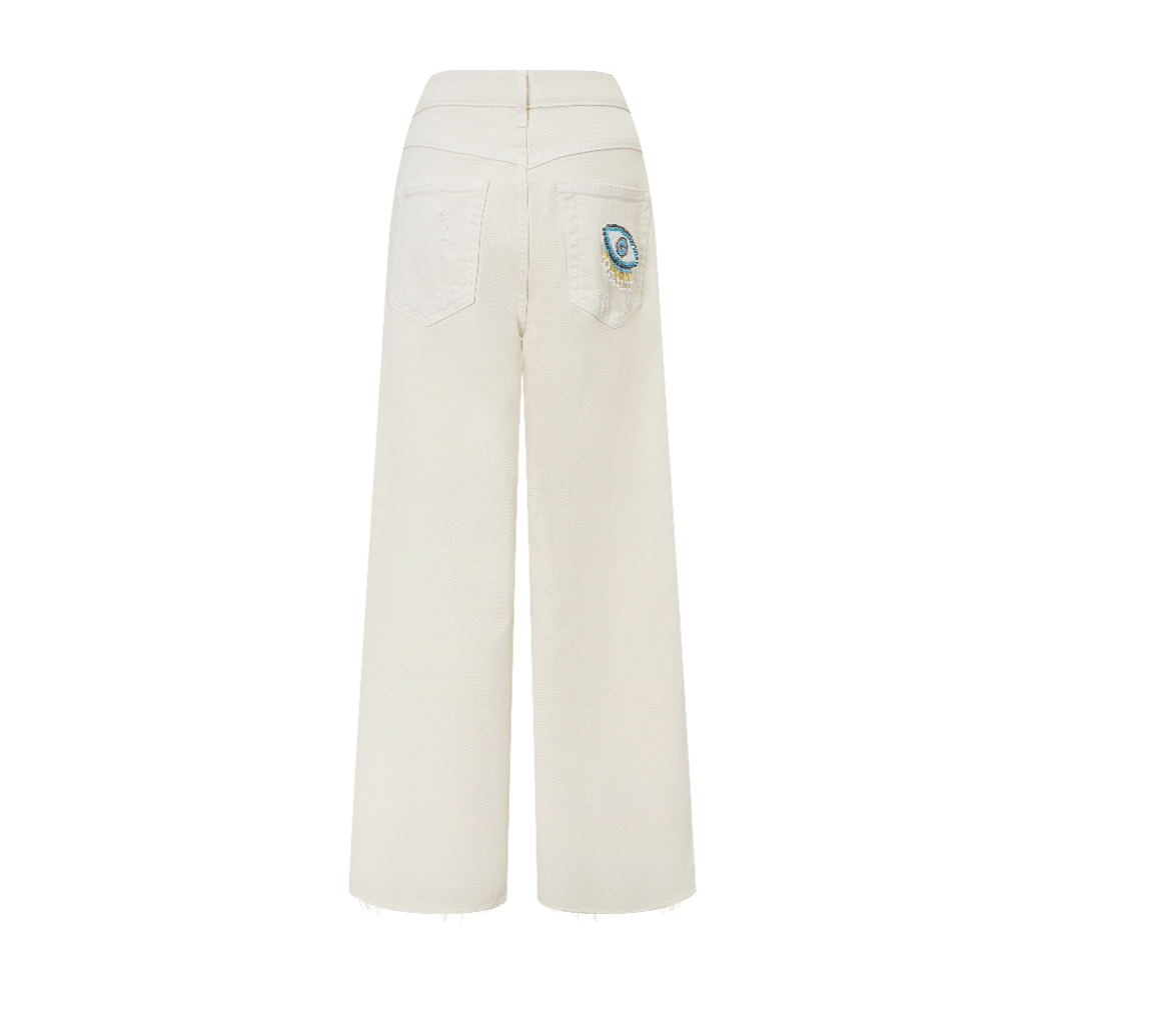 Cream Denim Embellished Flared Pants