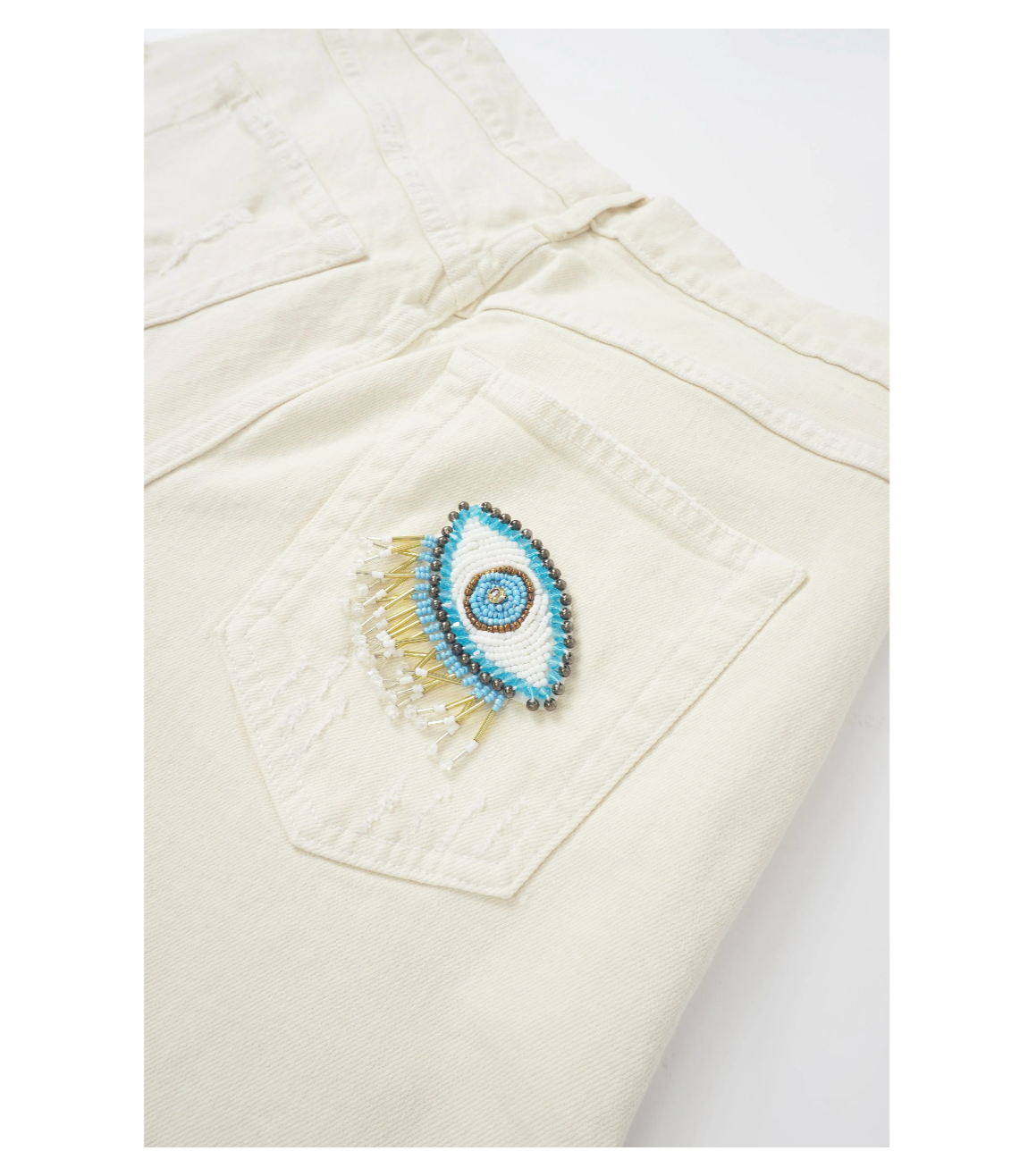 Cream Denim Embellished Flared Pants