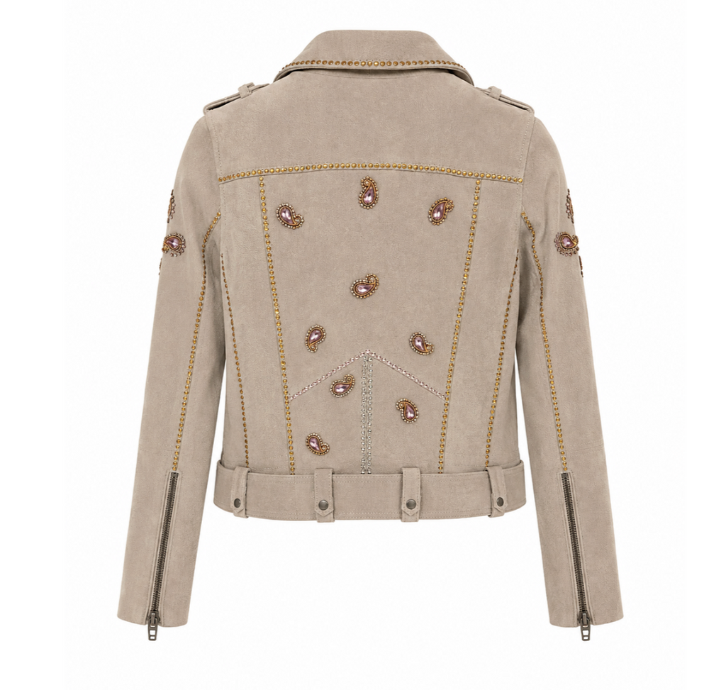 Embellished Taupe Suede Biker Jacket