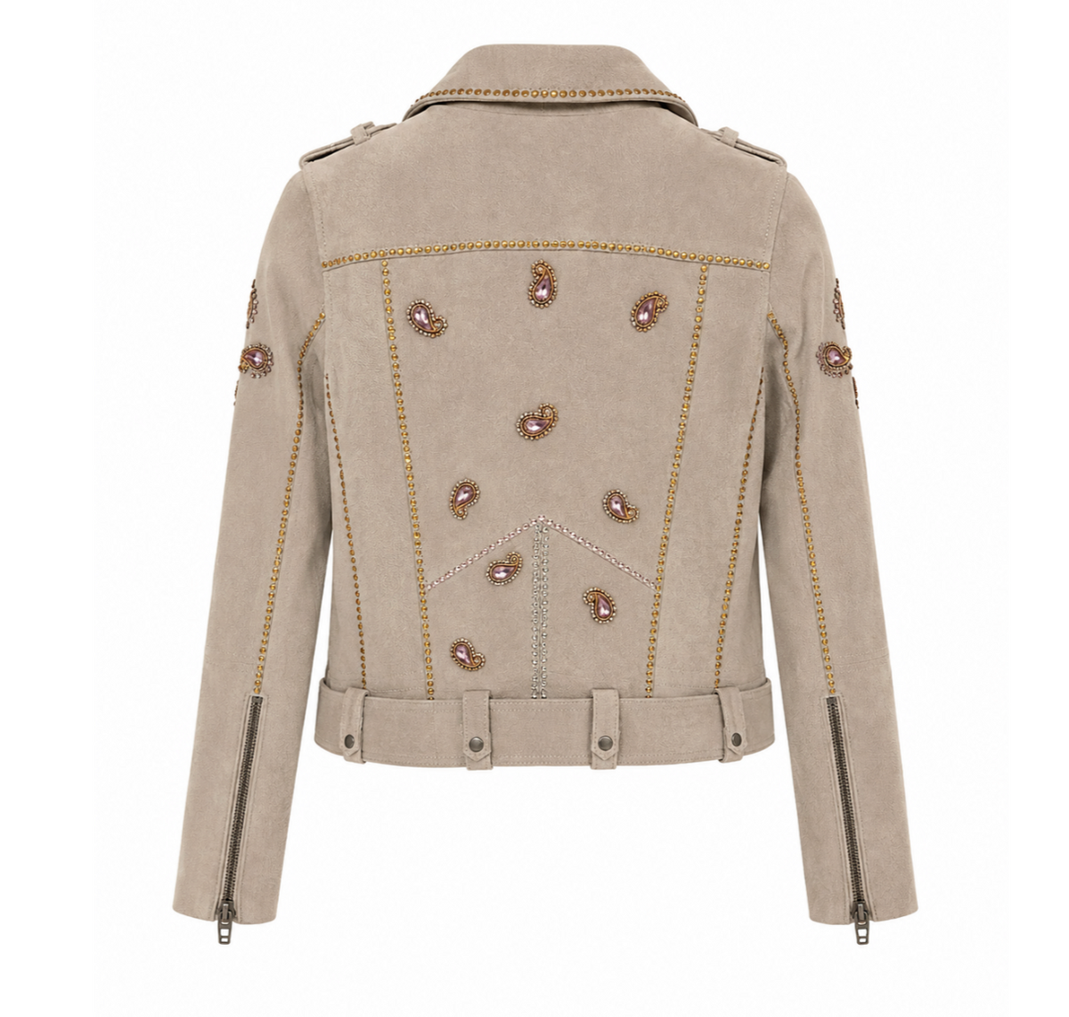 Embellished Taupe Suede Biker Jacket