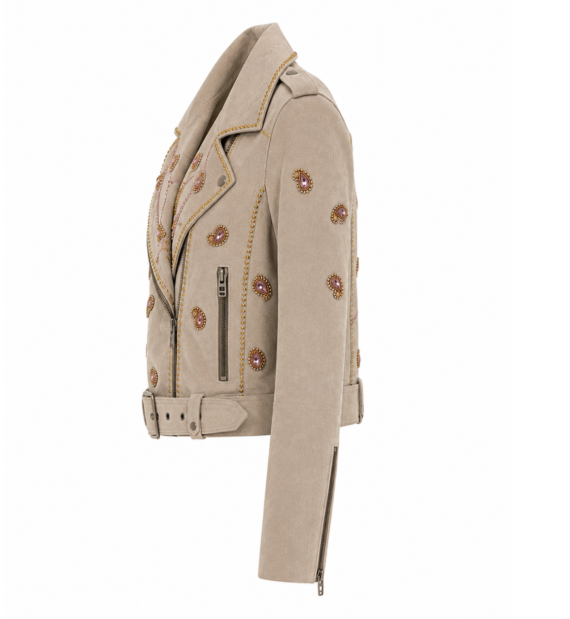 Embellished Taupe Suede Biker Jacket