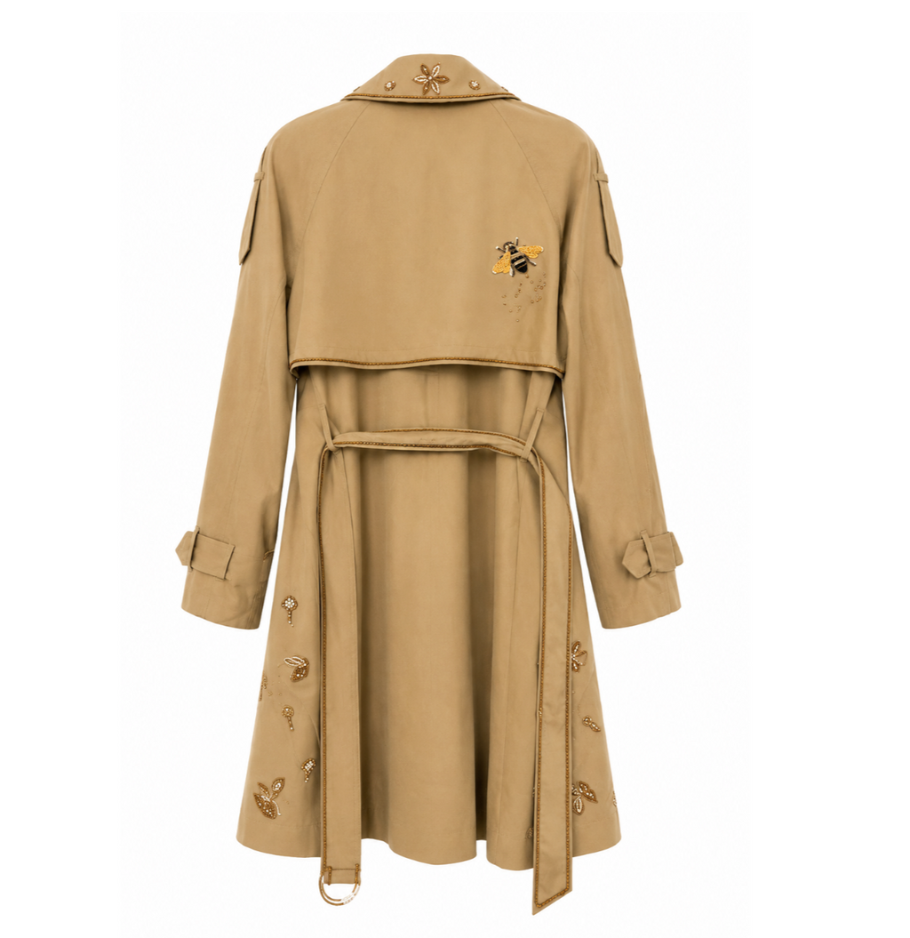 Embellished Beige Bee Trench Coat
