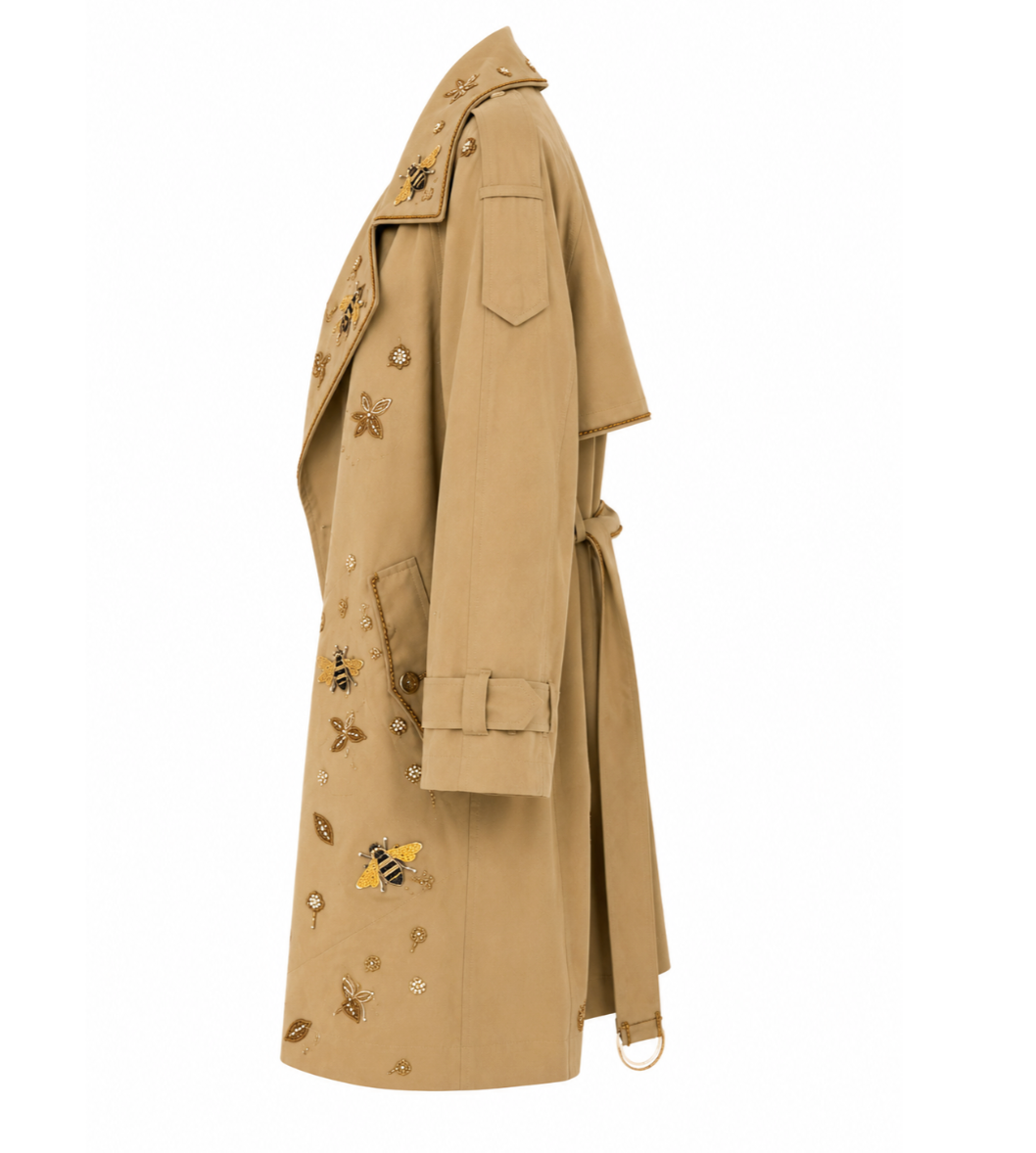 Embellished Beige Bee Trench Coat