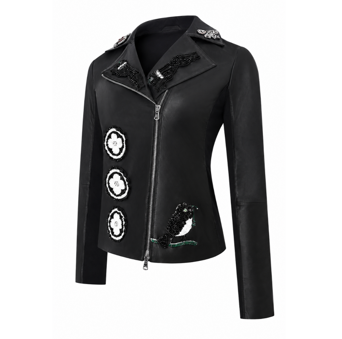 Leather Black Floral Embellished Jacket