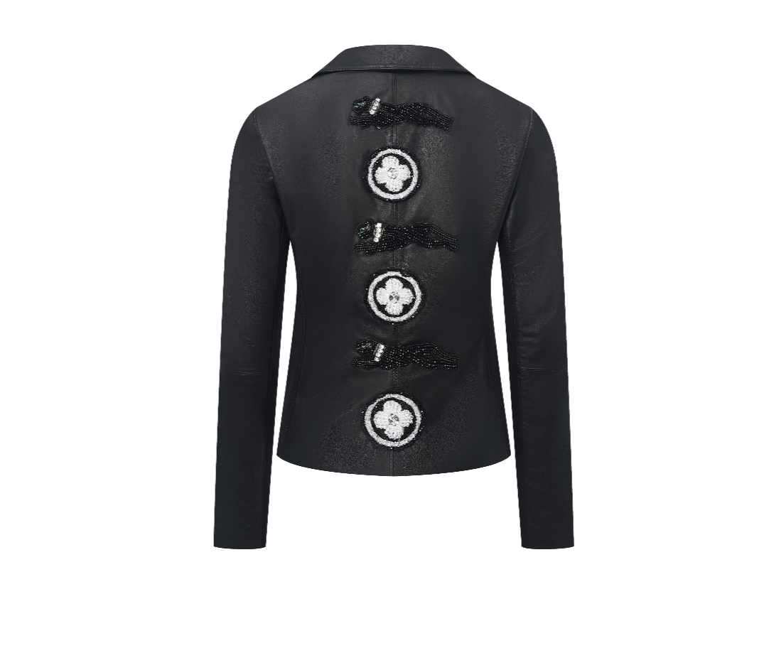 Leather Black Floral Embellished Jacket