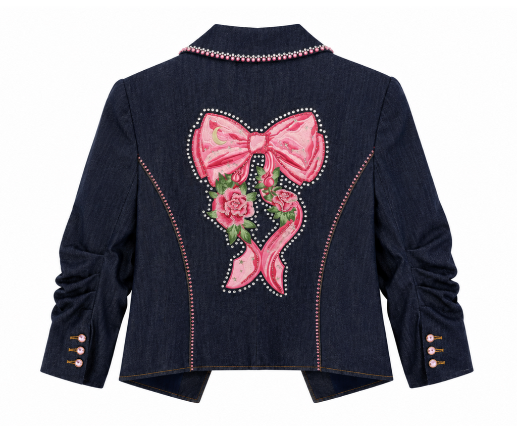 Embellished Pink Bow Denim Jacket