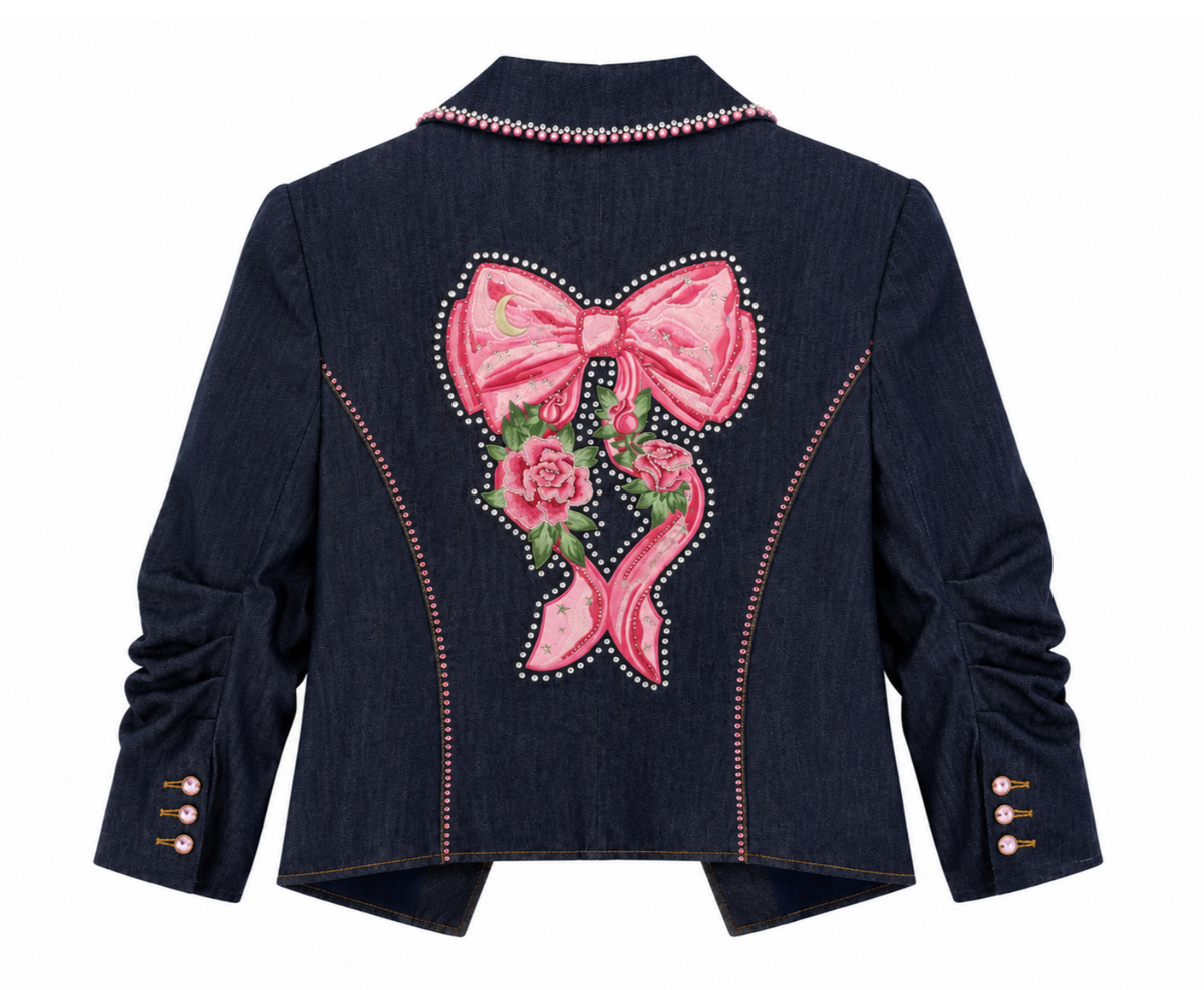 Embellished Pink Bow Denim Jacket